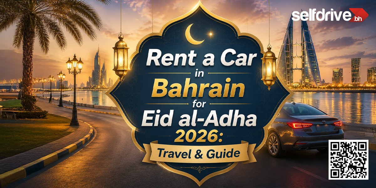 Advertisement for renting a car in Bahrain for Eid al-Adha 2026. Features a scenic sunset view by the waterfront with palm trees, traditional lamps, and modern skyscrapers. Mood is inviting and adventurous, promoting travel with a QR code and 'selfdrive.bh' logo.